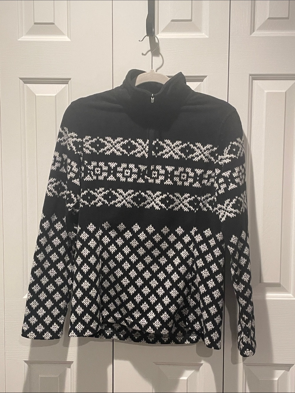 Lands’ End Fair Isle Fleece Quarter Zip Pullover Black White Small